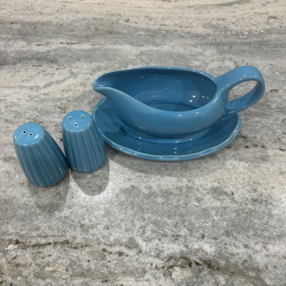 Ciroa Stoneware Turquoise Set Salt Pepper Shaker Gravy Boat Plate Sauce Pitcher